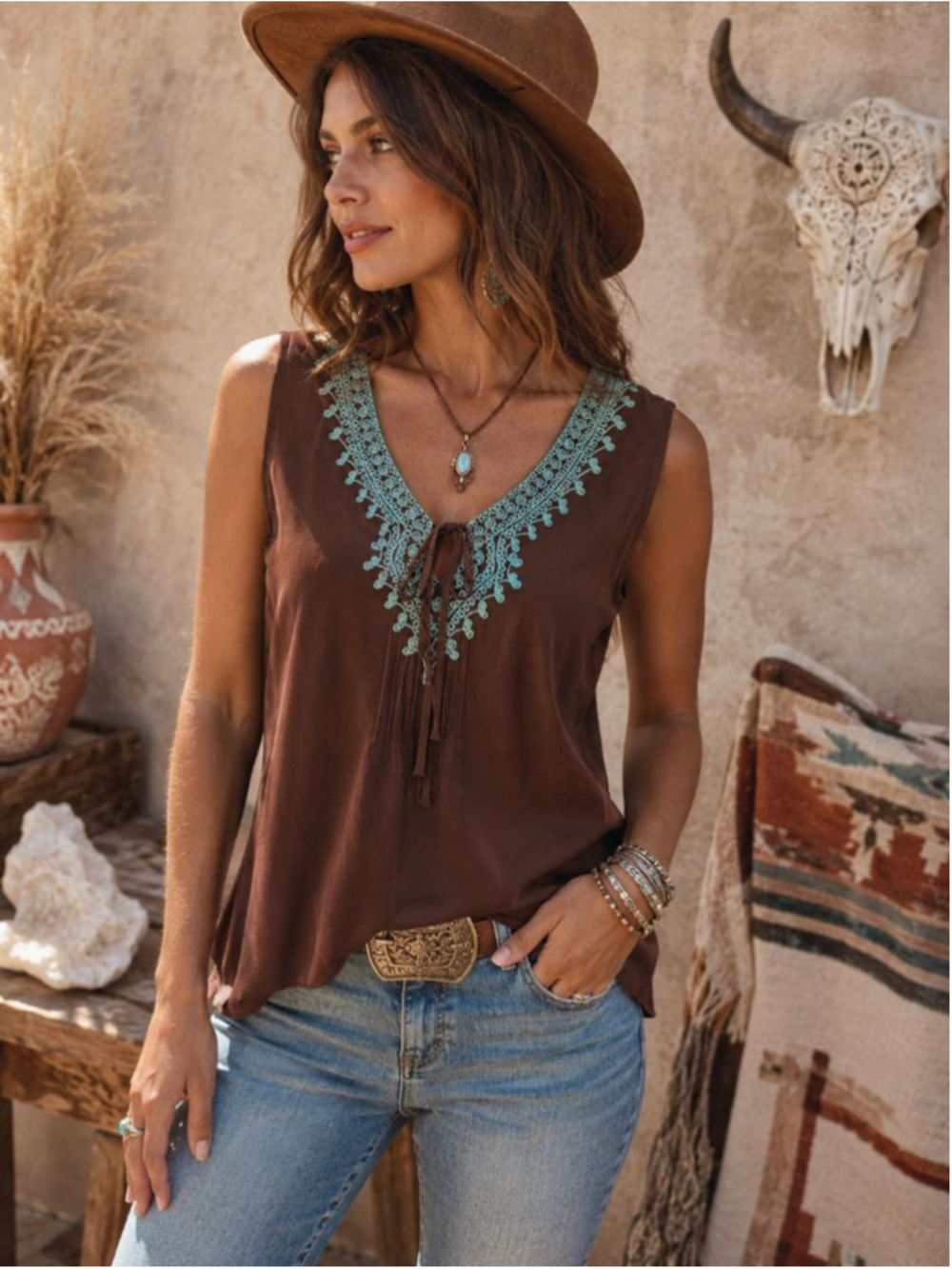 Allison Taylor 100% Silk Brown Embroidered Boho Sleeveless Blouse XL